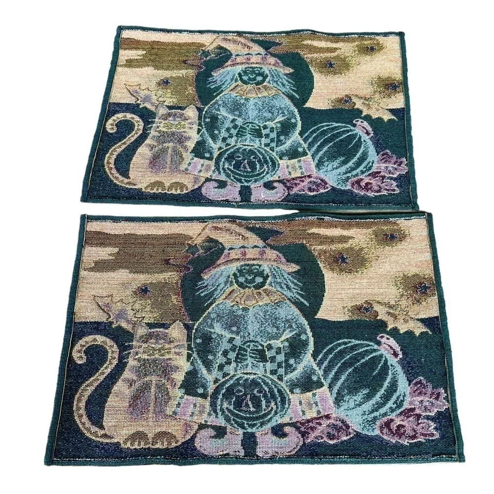 Vintage Halloween Scarecrow Cat Tapestry Placemat Set Pumpkins Cats Bats Stars